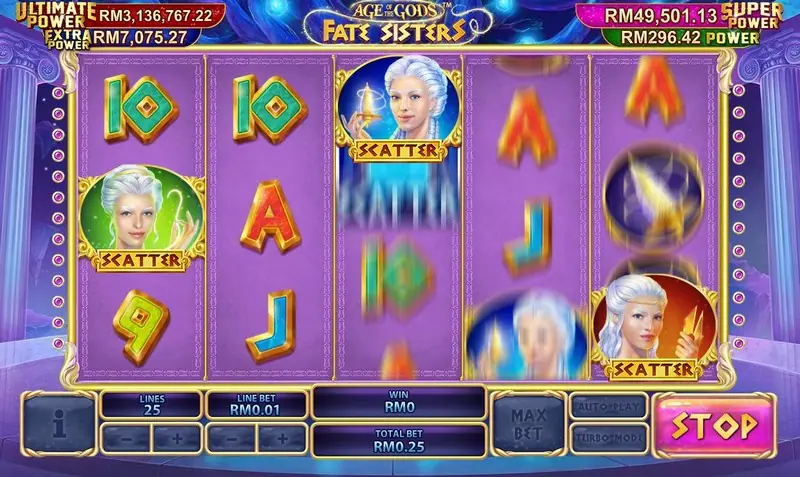 Reels spinning with each sister portrait labelled SCATTER on reels 1, 3 and 5, WIN RM0 and STOP lit