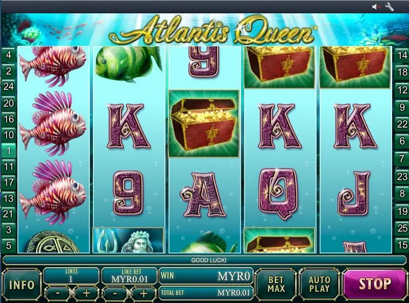 Atlantis Queen spinning with three lionfish stacked on reel one and treasure chests on the top row