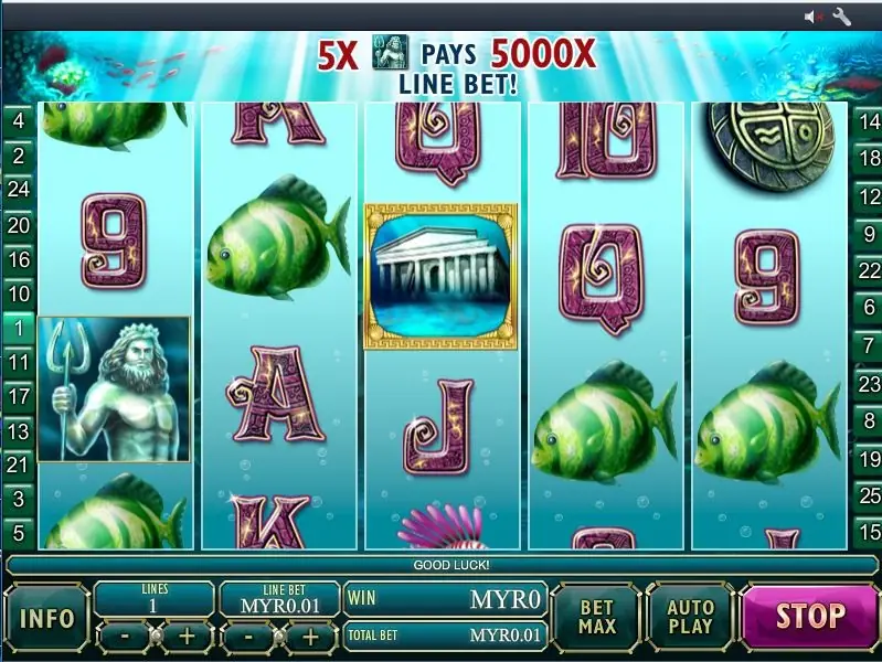 Atlantis Queen mid-spin with the banner 5X pays 5000X line bet above the reels, the sea king on reel one and the temple on reel three