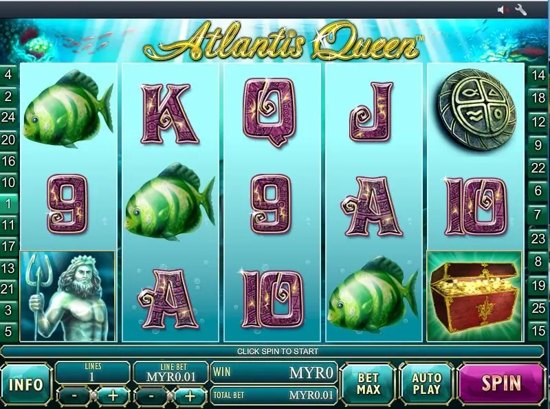 Atlantis Queen at one line with the sea king on reel one and a treasure chest on reel five