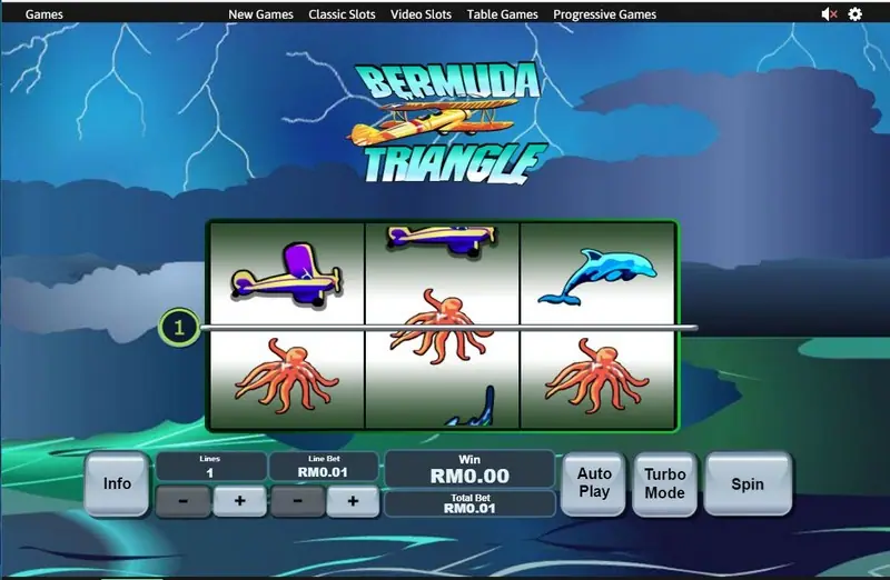 Bermuda Triangle slot on Rollex11 with three reels over a stormy sea, a biplane and octopus symbols, line 1 marked on the left