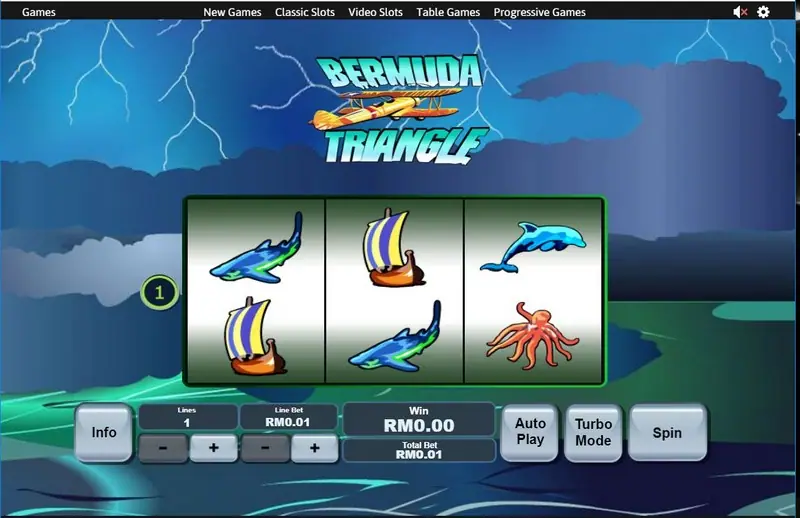 Bermuda Triangle reels with a ship, a shark and an octopus on the middle row