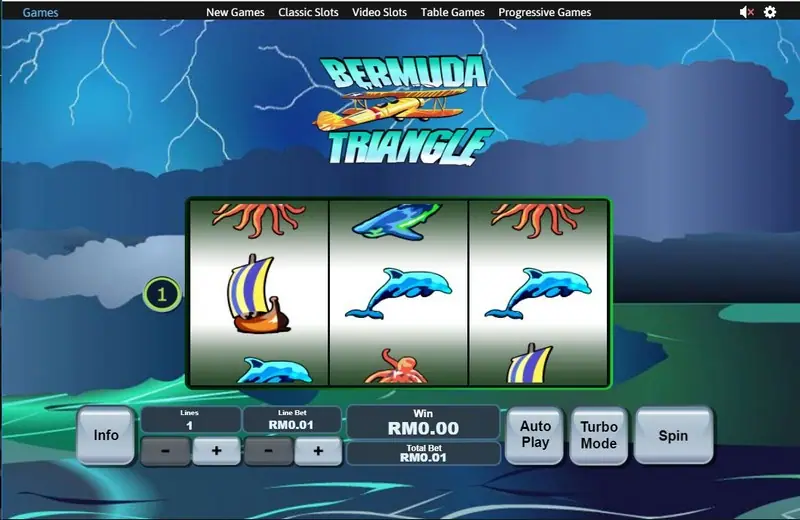 Bermuda Triangle after a spin, with a ship on reel one, dolphins on reels two and three