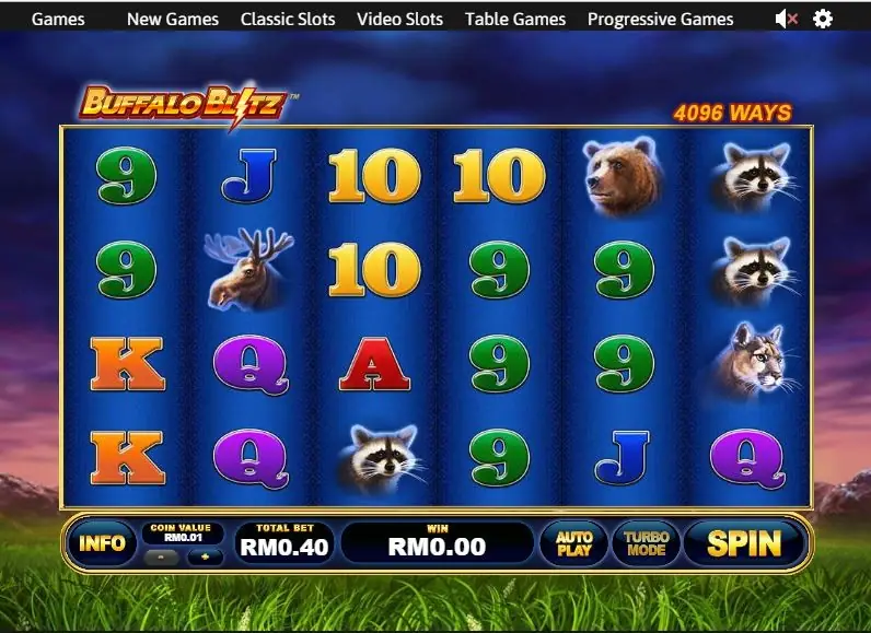 Buffalo Blitz start screen with the 4096 WAYS label, raccoons and a cougar on reel six, and the SPIN button