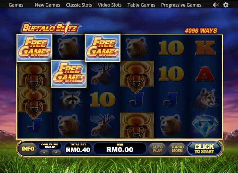 Three FREE GAMES scatter tiles on reels one to three of Buffalo Blitz with buffalo and a diamond on the grid