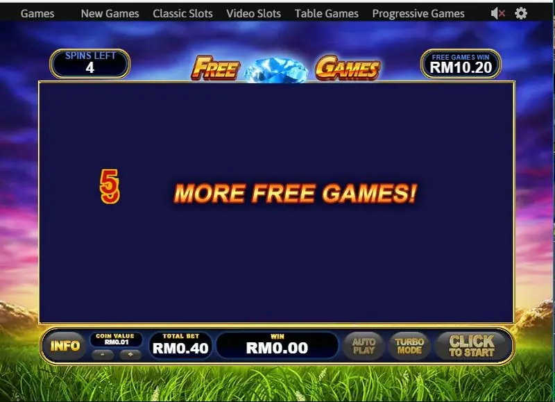 Buffalo Blitz free games screen announcing 5 more free games, spins left 4 and free games win RM10.20