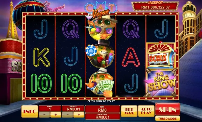 Cat in Vegas reels on Rollex11 with neon J, Q, K and 10 symbols, three cartoon cats on reel three and the jackpot box reading RM1,086,322.07