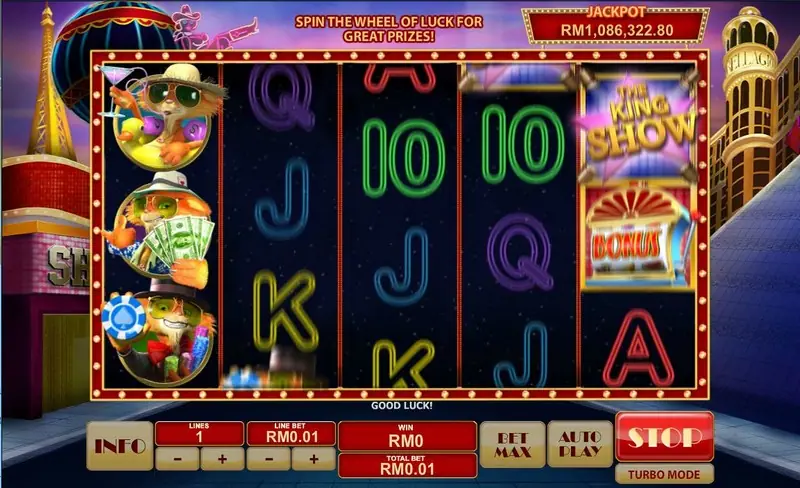 Cat in Vegas mid-spin with three cats stacked on reel one, the King Show and BONUS symbols on reel five and the message Spin the wheel of luck for great prizes