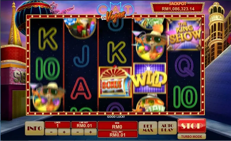 Cat in Vegas with a gold WILD tile and a BONUS symbol in the middle of the reels, and a King Show symbol on reel five