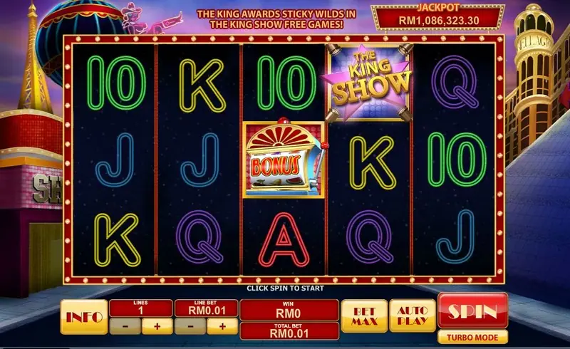 Cat in Vegas reels with a King Show symbol on reel four and the message The King awards sticky wilds in the King Show free games