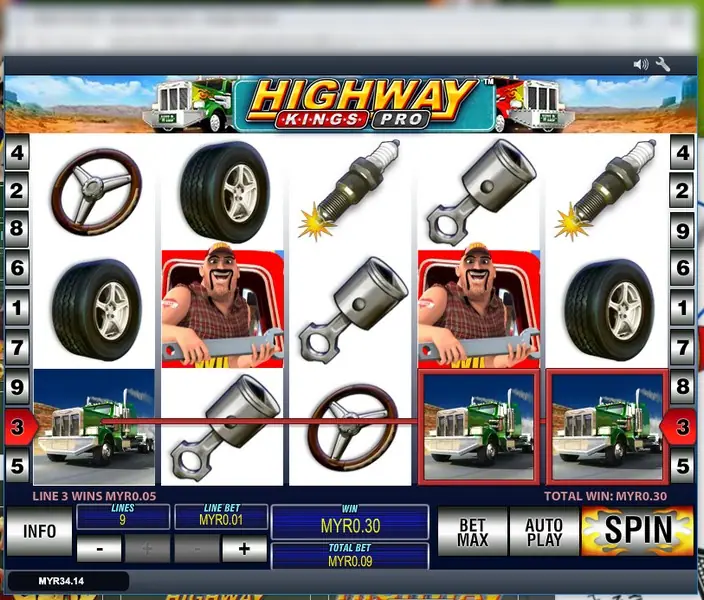 Highway Kings Pro reels with steering wheels, tyres, spark plugs, pistons, two trucker wilds and green trucks on line 3, LINES 9, LINE BET MYR0.01, TOTAL BET MYR0.09, WIN MYR0.30