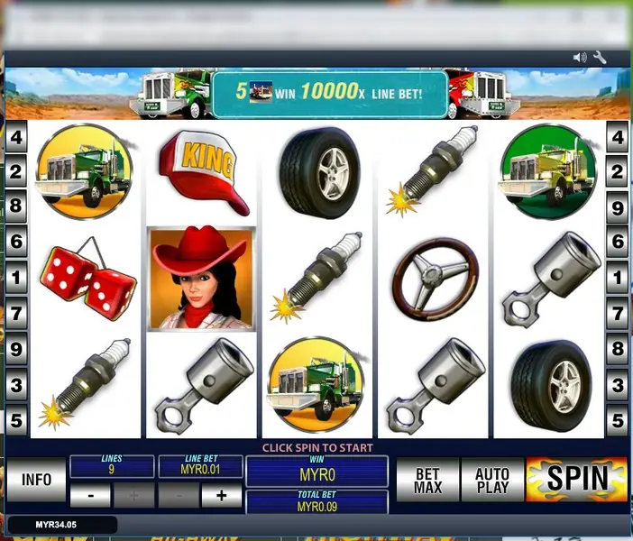 Highway Kings Pro before a spin with a banner reading 5 truck WIN 10000x LINE BET, a cowgirl in a red hat on reel 2 and green trucks on reels 1 and 5