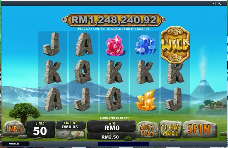 Jackpot Giant reels with stone card letters, pink, blue and orange crystals and a gold WILD tablet under a jackpot counter of RM1,248,240.92, LINES 50, LINE BET RM0.05, TOTAL BET RM2.50