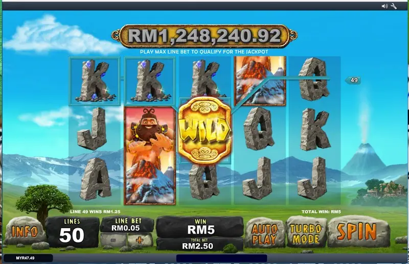 Jackpot Giant win: a WILD tablet on reel 3 joins two stone Ks on line 49 for RM1.25, with a giant and volcano tile stacked on reel 2 and WIN RM5