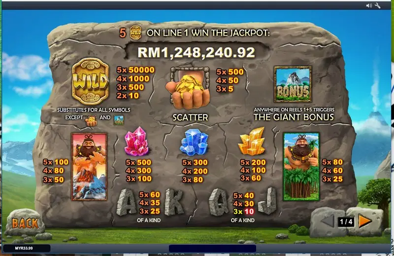 Jackpot Giant paytable carved on a rock: 5 WILD on line 1 wins the jackpot, WILD 50000/1000/500/10, the coin-hand scatter 500/50/5 and the BONUS symbol that triggers the Giant Bonus