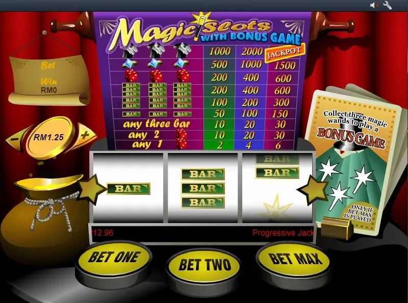 Magic Slots reels showing a single BAR on reel one, three BARs on reel two and a star on reel three, with the paytable above