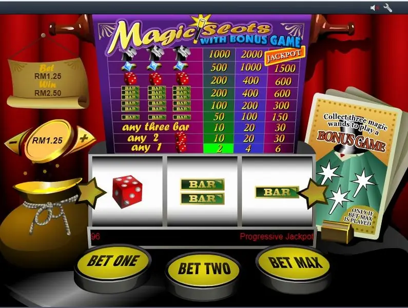 Magic Slots after a spin with a red die on reel one and bars on reels two and three, Win showing RM2.50