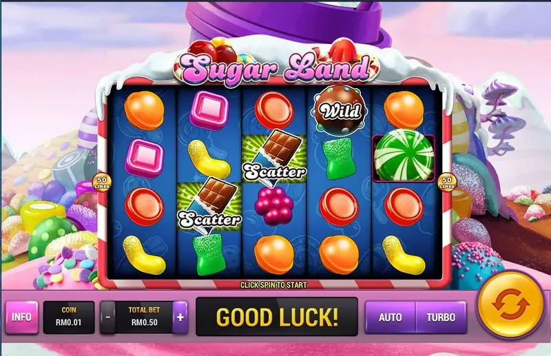 Sugar Land reels on a 5x4 grid with jelly sweets, a green peppermint, a chocolate Wild ball and two chocolate bar Scatter symbols, COIN RM0.01 and TOTAL BET RM0.50