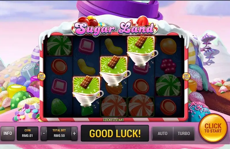 Three chocolate bar scatters on reels 2, 3 and 4 tipping chocolate into white sauce boats, with CLICK TO START on the spin button