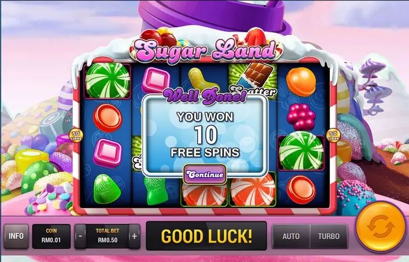 Well Done popup over the Sugar Land reels reading YOU WON 10 FREE SPINS with a Continue button