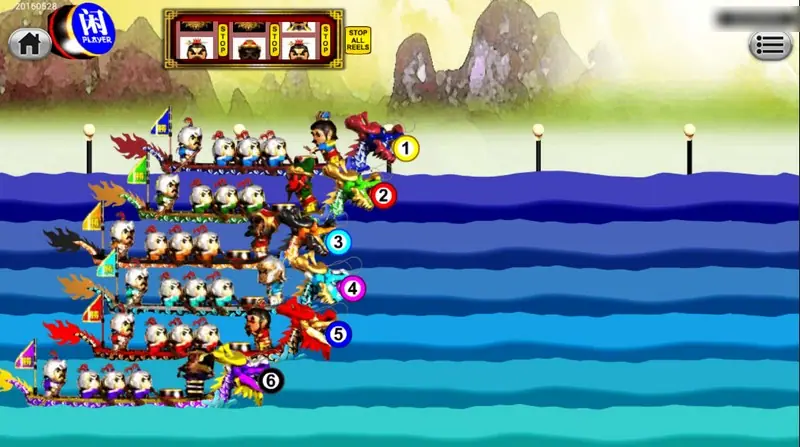 3 Kingdom Dragon Boat race screen with six crews of cartoon rowers in numbered boats crossing a blue river, number 1 in the lead