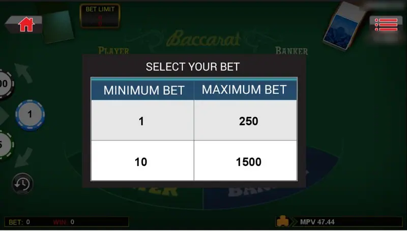 9 Baccarat Select Your Bet pop-up with two table limits, 1 to 250 and 10 to 1500, over a dimmed green table