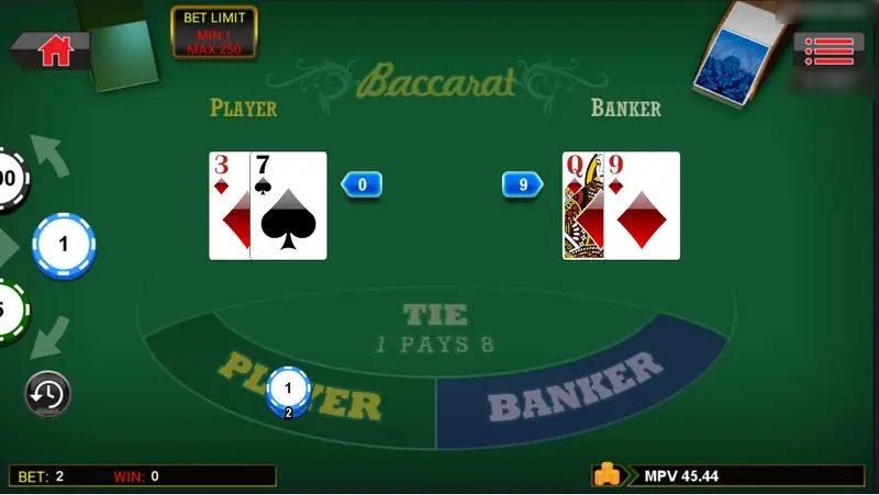 SKY777 baccarat table with Player holding 3 of diamonds and 7 of spades for 0, Banker holding queen and 9 of diamonds for 9, chips on Player and Tie 1 pays 8 printed on the felt