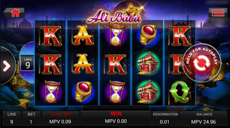 Ali Baba slot at night with K and A cards, hourglasses, ruby rings and a red treasure chest on dark blue reels, 9 lines, total bet MPV 0.09