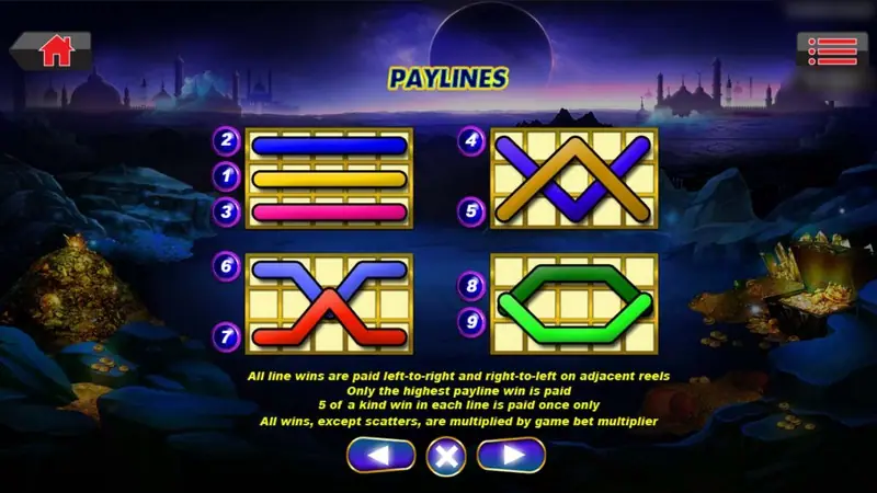 Ali Baba paylines page with 9 coloured lines; all wins pay left to right and right to left, only the highest win per line, five of a kind paid once
