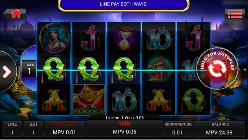 Ali Baba on 1 line with the Line Pay Both Ways banner, three green Q symbols across the middle and a 0.05 win