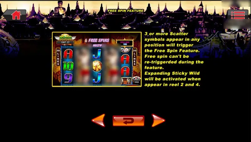 Amazing Thailand free spin feature page: 3 or more scatters trigger free spins, no retrigger, expanding sticky wild on reels 2 and 4