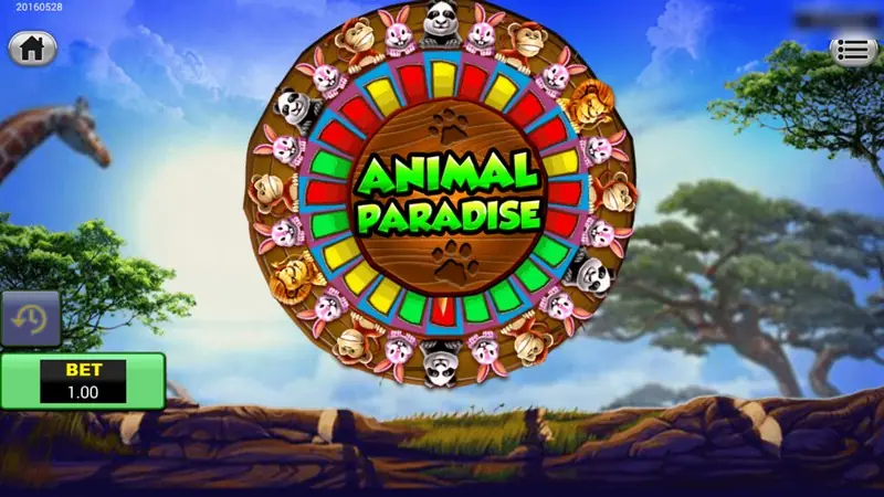 Animal Paradise wheel mid-spin: a ring of lion, panda, monkey and rabbit heads around red, yellow and green slots with the Animal Paradise logo in the centre