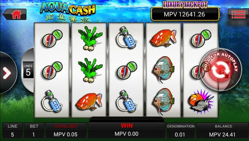 Aqua Cash slot with red and blue tropical fish, marbles, seaweed and a CO2 tank symbol, 5 lines set, and a Luxury Jackpot box reading MPV 12641.26