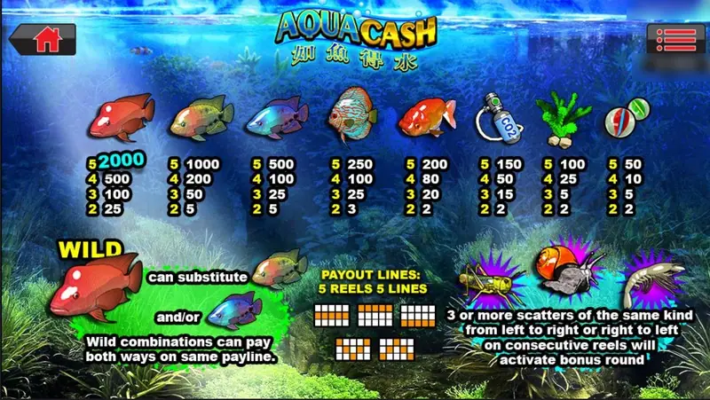 Aqua Cash paytable: red fish 2000 for five, other fish 1000 to 200, CO2 tank 150, seaweed 100, marbles 50, a red fish wild that pays both ways, 5 payout lines, and three bug scatters