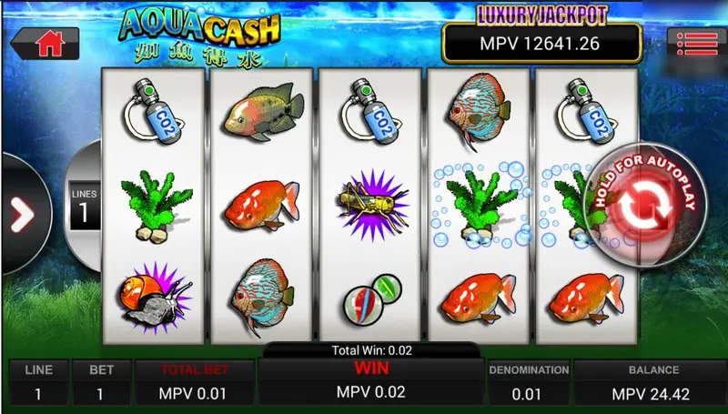 Aqua Cash on 1 line with a grasshopper scatter on a purple burst in the middle reel, a snail scatter on reel 1, bubbles around the seaweed on reels 4 and 5, total win 0.02