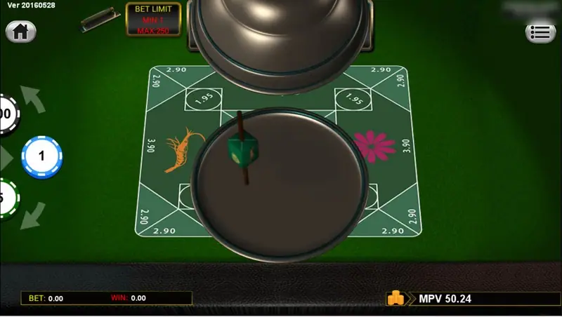 SKY777 Belangkai table with a covered metal shaker bowl over a green board marked with a lizard, a flower and zones printed 2.90, and a Bet Limit box at the top