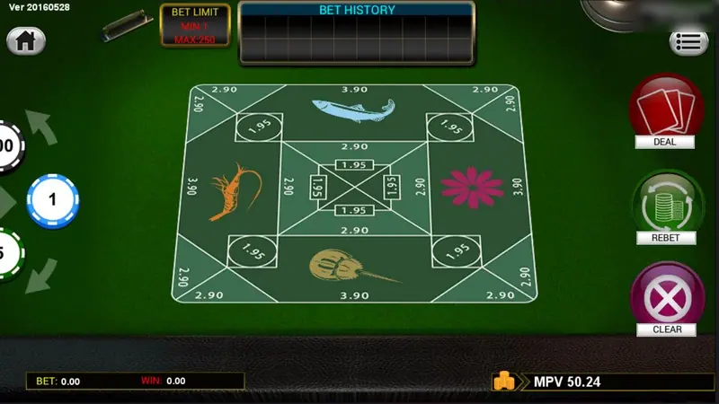 Belangkai board with the bowl lifted, showing fish, lizard, flower and horseshoe crab zones, odds 2.90, 3.90 and 1.95, and a red Deal button, a green button and a Clear button on the right