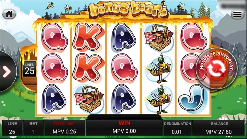 Bonus Bears slot with pink and red card letters, picnic baskets, bees and a J on a meadow background, 25 lines set, total bet MPV 0.25