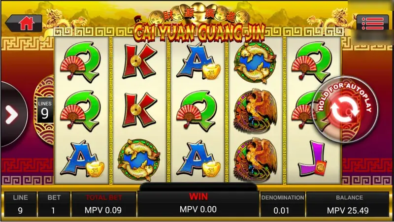 Cai Yuan Guang Jin slot with green and red card letters, gold koi, a red phoenix and a folding fan, 9 lines set, total bet MPV 0.09