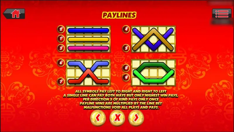 Cai Yuan Guang Jin paylines page with 9 coloured lines, noting that all symbols pay left to right and right to left, highest win per line only