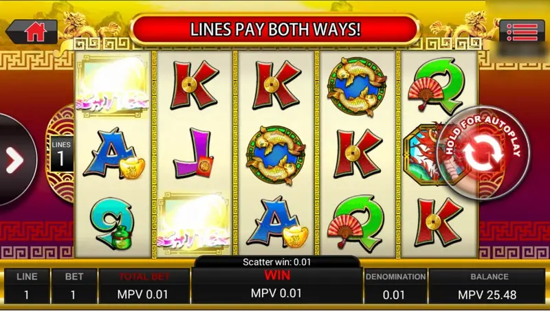 Cai Yuan Guang Jin on 1 line with the Lines Pay Both Ways banner, scatter win 0.01