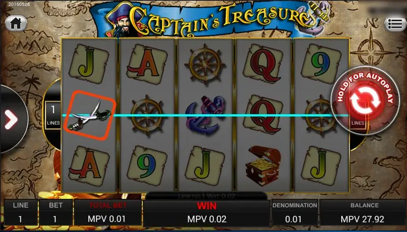 Captain's Treasure with one line active, a single crossed-weapons symbol on reel 1 highlighted and the line drawn across, win MPV 0.02