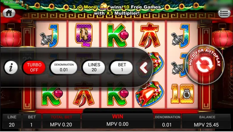 Chu Shen with the pop-out bar open showing Turbo off, denomination 0.01, lines 20, bet 1, and a banner saying 3 or more wins 10 free games with X3 multiplier