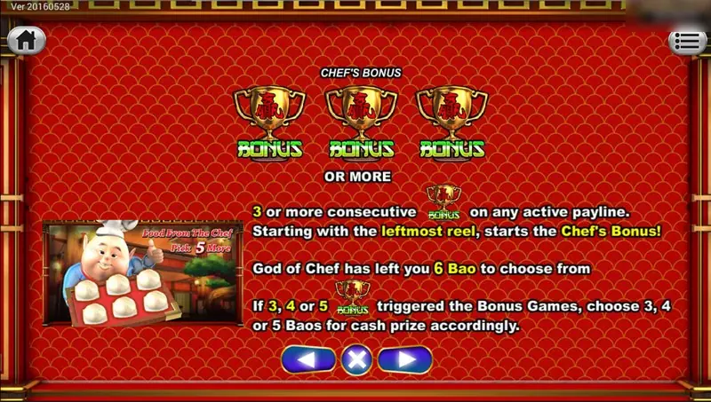 Chef's Bonus page showing three trophy bonus symbols, a chef cartoon beside a basket of six bao, and the rule that 3, 4 or 5 bonus symbols let you choose that many bao