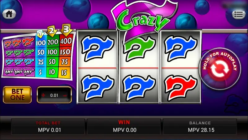 Crazy 7 slot with three reels of blue, green and red sevens, a four-row paytable on the left and a Bet One button with a 0.01 coin