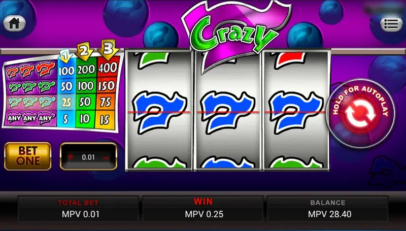 Crazy 7 after three blue sevens on the payline, with the win box showing MPV 0.25 on a 0.01 total bet