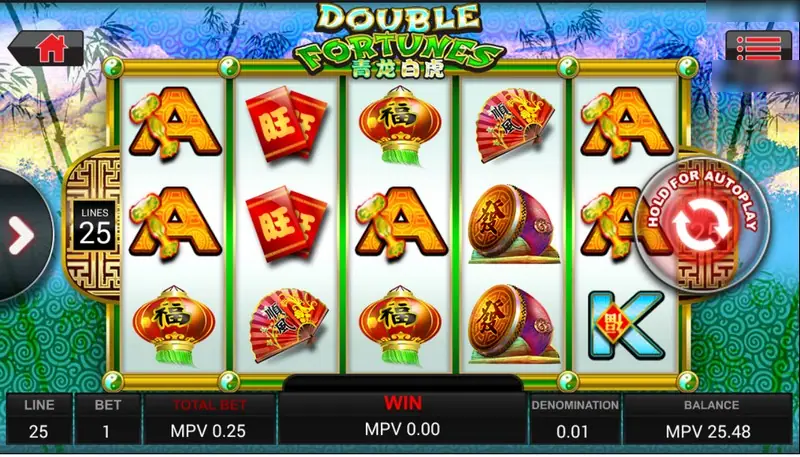 Double Fortune slot with A and K symbols, red envelopes, lanterns, a lion dance head and a drum, set to 25 lines with a bamboo backdrop