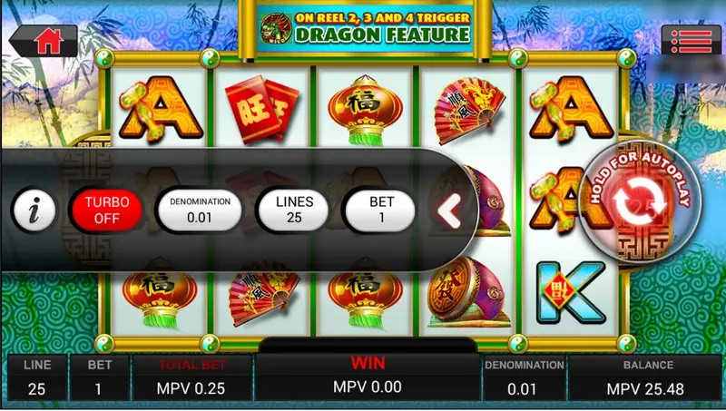 Double Fortune with the pop-out bet bar open showing Turbo off, denomination 0.01, 25 lines and bet 1, and the Dragon Feature banner above the reels