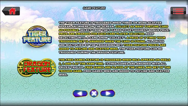 Double Fortune game feature page explaining the Tiger Feature card pick and the Dragon Feature with 15 free games at triple prizes