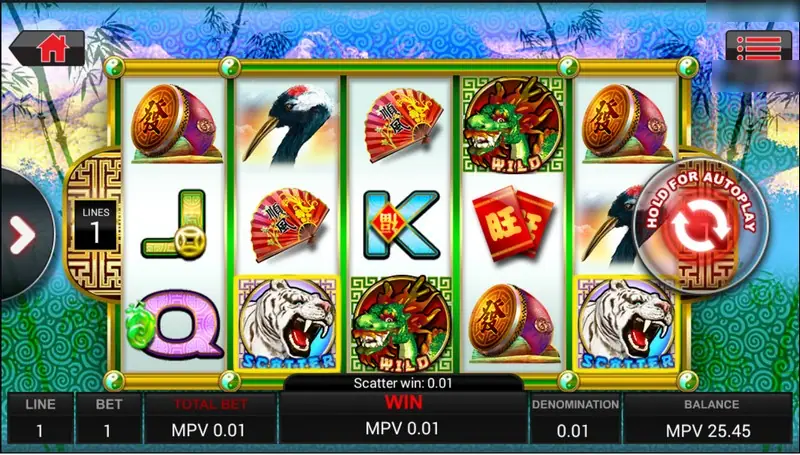 Double Fortune reels with dragon wilds on reels 2, 4 and 5, white tiger scatters, and a scatter win of 0.01 on a 1-line bet